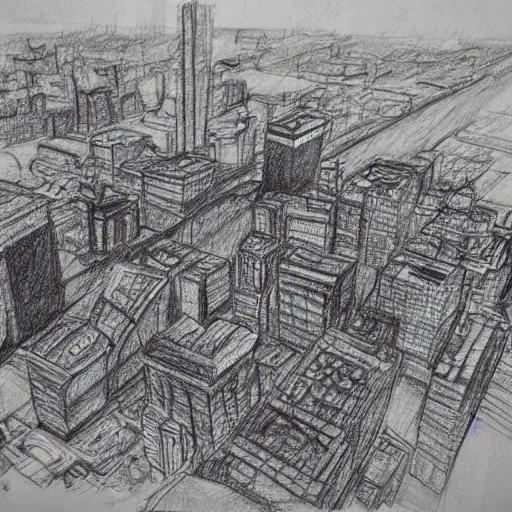 Image similar to pencil sketch of destroyed city bird view