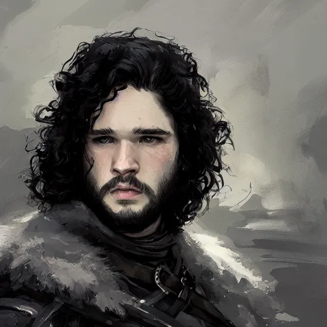 Image similar to jon snow from game of thrones, portrait, elegant, intricate, digital painting, artstation, concept art, smooth, sharp focus, illustration, art by konstantin korovin and daniel f. gerhartz and john howe