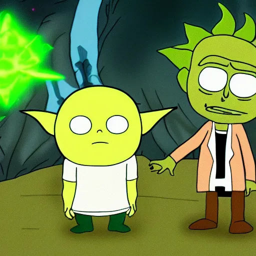 Image similar to Baby Yoda and Rick Sanchez meet in Rick and morty together digital art 4k detailed super realistic