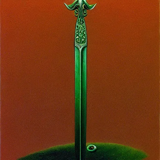 Prompt: a sword in the style of zdzisław beksinski, elegant, flower petals, copper and emerald