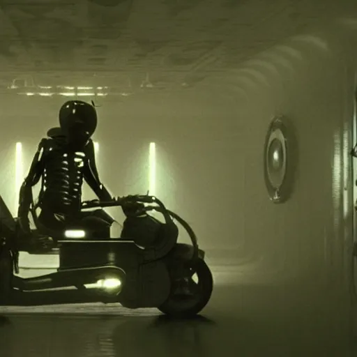 Image similar to a man sitting on a motorcycle in a room, a screenshot by giger, cg society, holography, reimagined by industrial light and magic, movie still, sci - fi