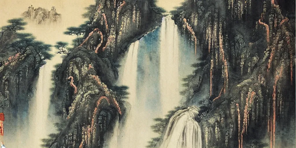 Image similar to “ large ancient gate to other world in the center of waterfall in chinese watercolor painting, oil painting, masterpiece, aesthetic ”