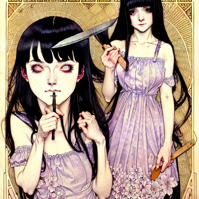 Image similar to portrait of a morbid 18 year old youth wearing a pretty little dress with straight silky black hair, in a butcher shop, holding a butcher knife, insanely and epically detailed high-quality small details, beautiful golden ratio, exquisitely detailed soft shadowig style, epic pencil illustration style, style of Range Murata and by Alphonse Mucha and by Katsuhiro Otomo.