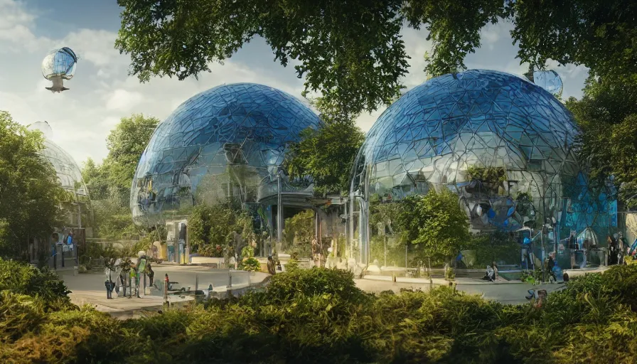 Prompt: futuristic zoo built in london with trees, enclosures and blue glass domes, wide view, volumetric light, hyperdetailed, artstation, cgsociety, 8 k