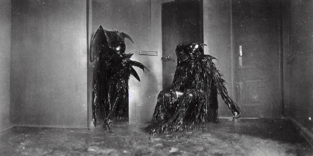 Prompt: the evil mothman is sitting inside the room, wet version of photography, 1 9 0 0 s