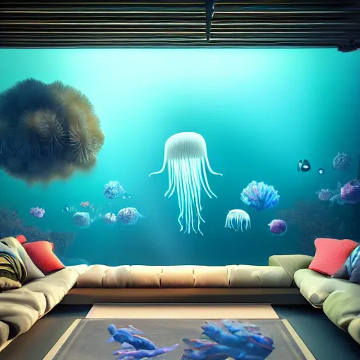 Prompt: the realistic photo of the modern room as aquarium with a big neonic jellyfish and corals, under the ocean, realistic colors, realistic shadows, daylight made in blender, hd, 3 d by beeple and damian hirst