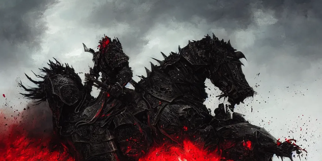 Prompt: a angry knight in full plate of black armor, splattered with blood, riding a large black war horse, with red glowing eyes flowing red mane and tail, blackened clouds cover sky, crackling with lightning, a castle in distance burns, concept art by greg rutkowski, craig mullins, todd mcfarlane,