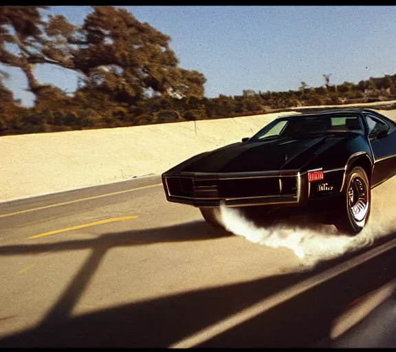 Prompt: a pov shot, color cinema film still of knight rider kitt pontiac, cinematic.