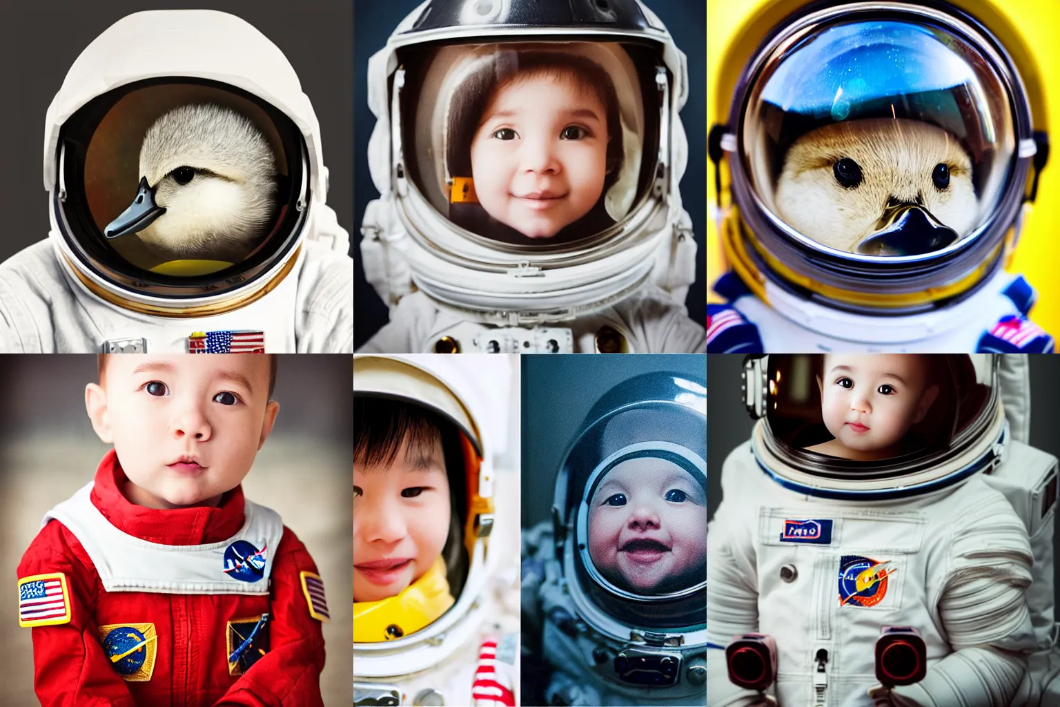 Prompt: A Very cute adorable astronaut duckling face portrait, realistic, 50mm lens, cinematic, realistic photo,