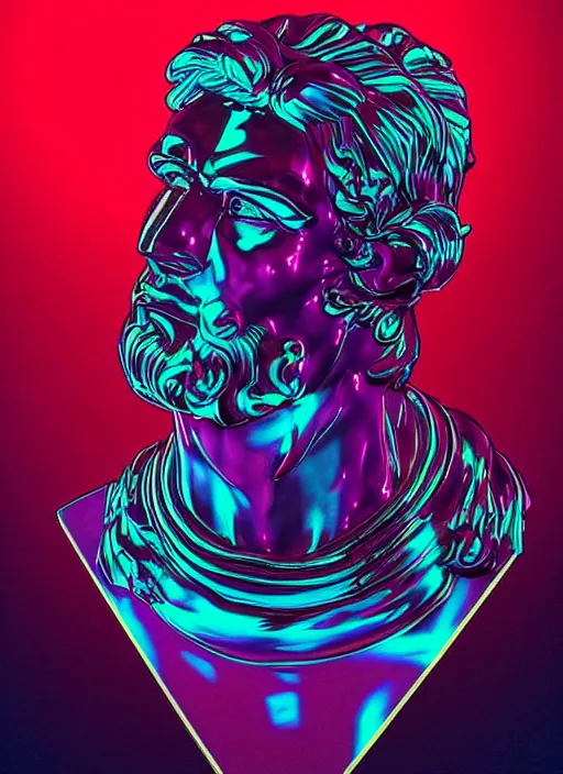 Prompt: bust of hercules, beeple, android jones, vaporwave, retrowave, black background, neon wiring, black, glitch, strong contrast, cuts, pinterest, trending on artstation