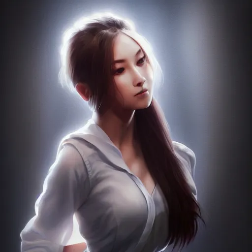 Image similar to a painting of a woman in a white shirt, a character portrait by Artgerm, cg society contest winner, fantasy art, reimagined by industrial light and magic, poster art, concert poster