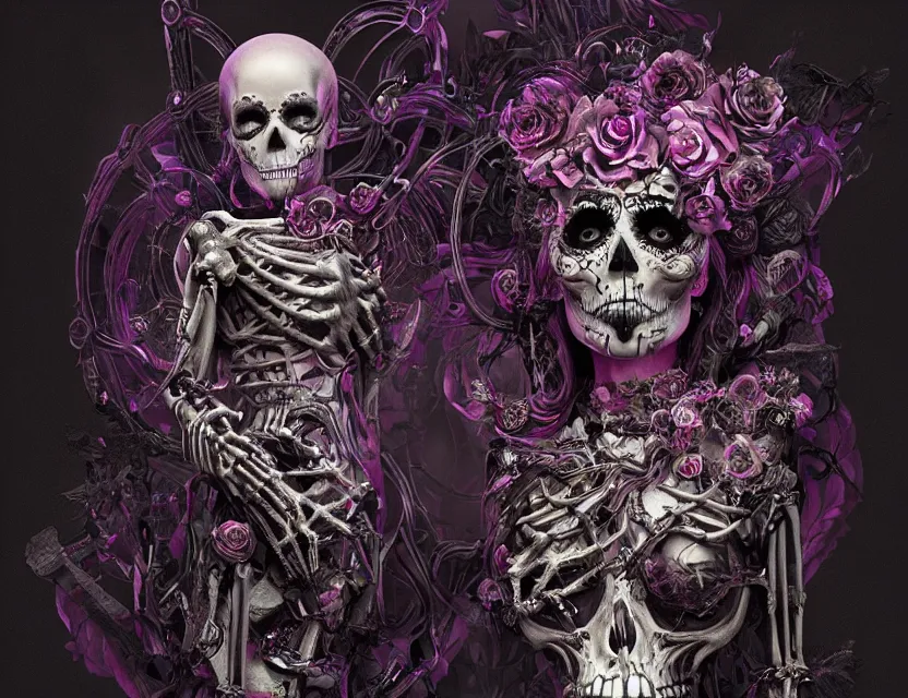 Image similar to a chaotic goddess of death skeleton as a heroine, intricate, elegant skull black rose s day of the dead atmospheric, dramatic, Trending on artstation. augmentations and cybernetic enhancements neon circuits, greg rutkowski , hyperrealist, cinema4D, 8k highly detailed