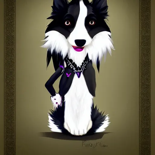 Prompt: furry ( fandom ) art of a cute anthropomorphic border collie wearing gothic attire, digital art, painting, trending on furaffinity