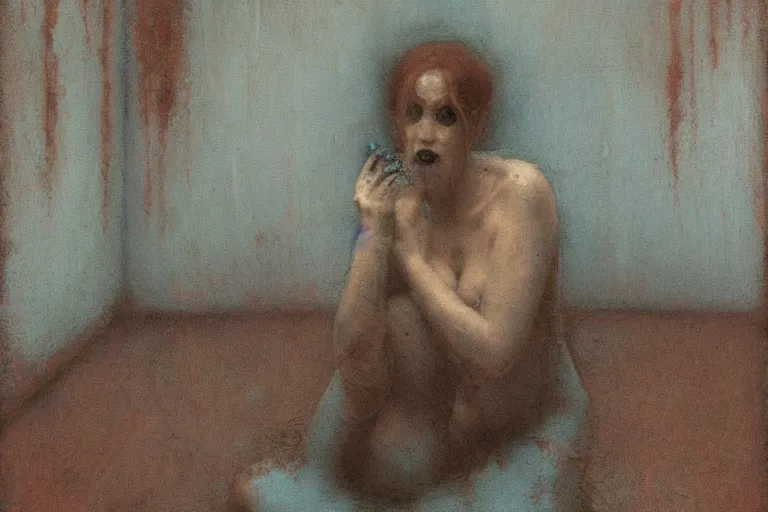 Image similar to A telegenic Portrait of a haunted house Succubus in a fright disquieting environment by Emil Carlsen, trending on Saatchi Art.:5, 32k resolution, 4k resolution, Skybox, Ambient Occlusion, Chromatic Abberation, in the Style of Chalks, Bokeh:2, Tiffany Blue color scheme, blur, bokeh, dof:-1