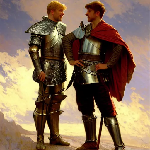 Image similar to attractive arthur pendragon and his attractive male knight, they are in love, natural lighting, path traced, highly detailed, high quality, digital painting, by gaston bussiere, craig mullins, alphonse mucha j. c. leyendecker