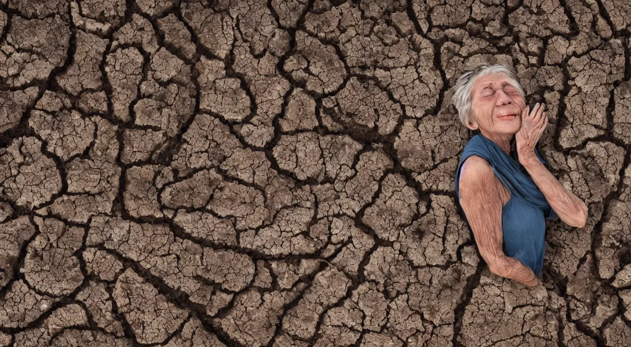 Image similar to close-up of a 65-year-old Gaia, crying calmly, facing the camera and standing in front of a dried up river in a desolate land, dead trees, blue sky, hot and sunny, highly-detailed, elegant, dramatic lighting, artstation, 4k, cinematic landscape, photograph by Elisabeth Gadd