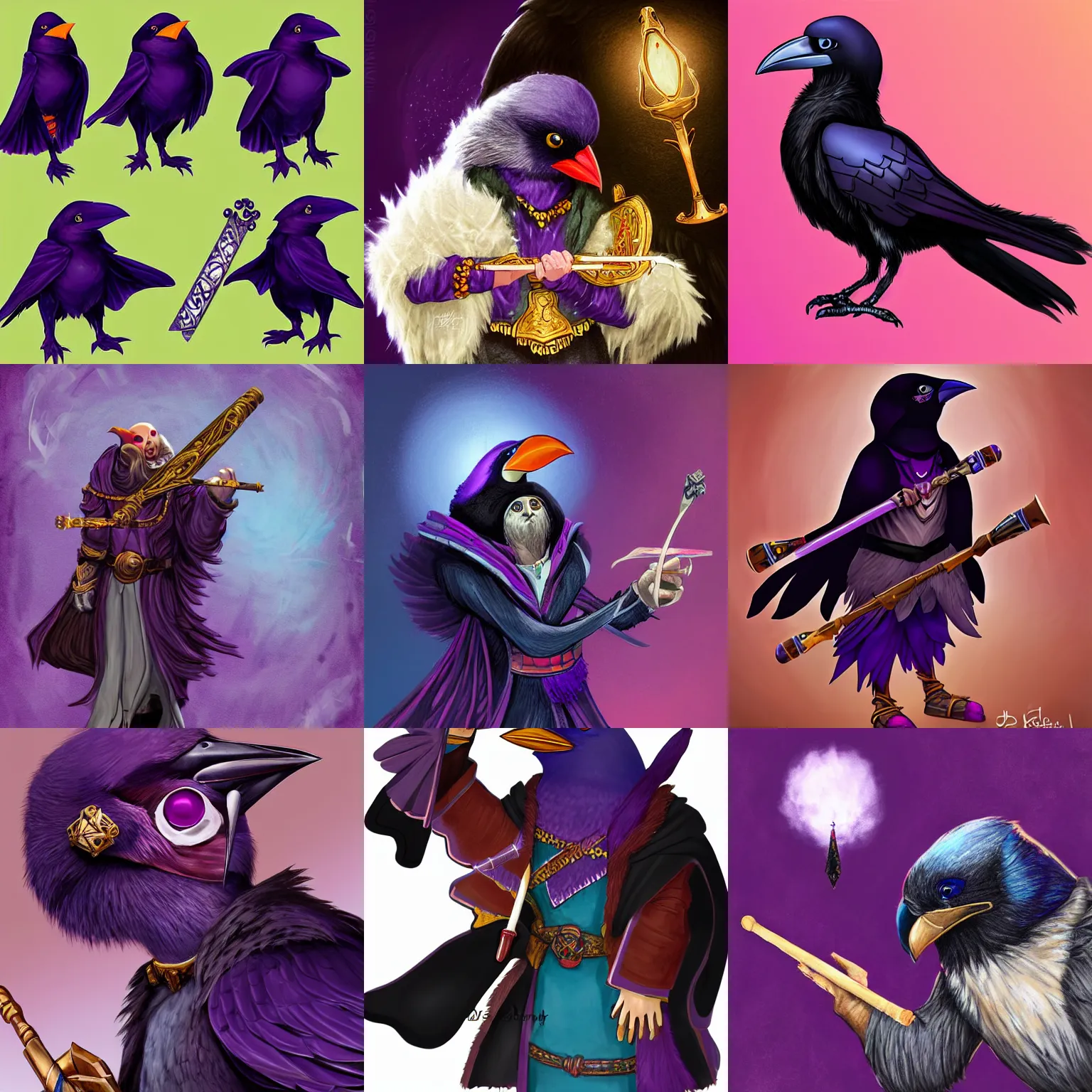 Prompt: Raven looking Kenku Birdperson bard wielding darts and a flute, wearing a purple coat, d&d character commission, digital art, magic the gathering artwork, character portrait