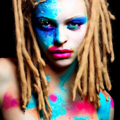 Image similar to astonishingly beautiful woman in tattered clothes revealing body, blonde dreadlocks, make up, vivid colors