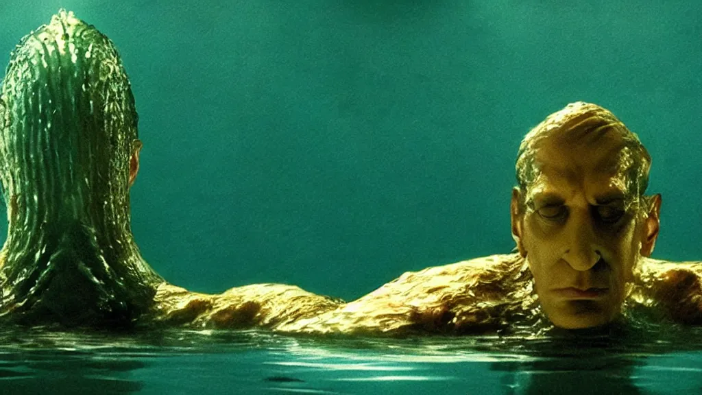 Image similar to the creature swims, water caustics, film still from the movie directed by denis villeneuve and david cronenberg with art direction by salvador dali and dr. seuss