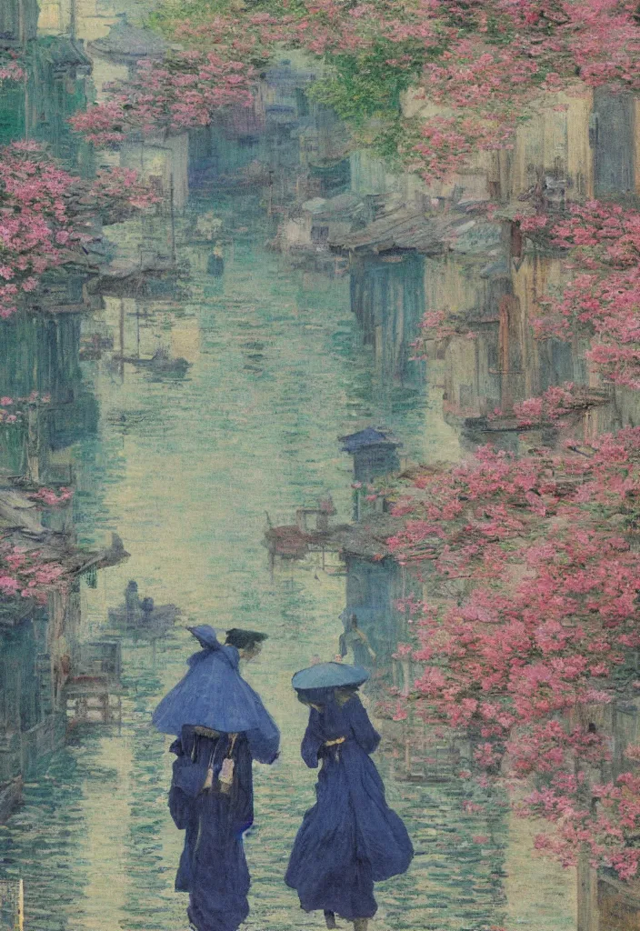 Image similar to a beautiful japanese city near the sea, amazing ryokans and gorgeous edo era houses, cyberpunk, lofi vibe, colorful, vivide colors, oil painting in impressionist style, by jeremy lipkin, by claude monet, by makoto shinkai, multiple brush strokes, inspired by ghibli, masterpiece, beautiful