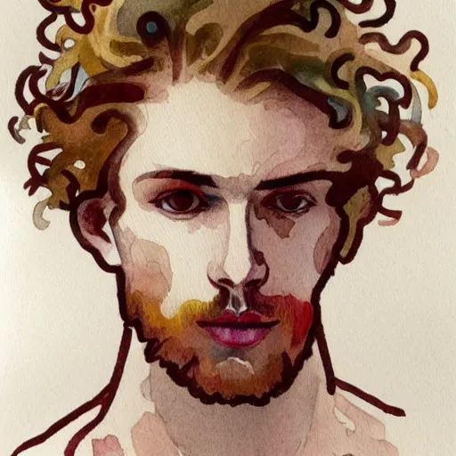 Image similar to abstract experimental watercolor drawing of a young cute handsome beautiful androgynous strawberry blond medium curly hair man in his early 2 0 s wearing a blank maroon t - shirt with grey - blue eyes, by elizabeth peyton and alphonse mucha and vincent van gogh, trending on artstation