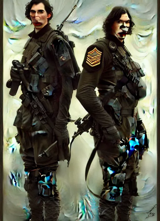 Image similar to a portrait of john oliver and adam driver posing together back to back, stoic, military uniform, fantasy, centered, dark background, smokey atmosphere, foggy atmosphere, art by artgerm and greg rutkowski and alphonse mucha