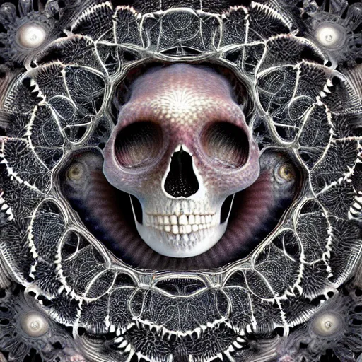 Image similar to fractal skull afro third eye art art by machina infinitum, infinite intricacy, rendered in octane, mandelbulb 3 d, ambient occlusion, macro photography