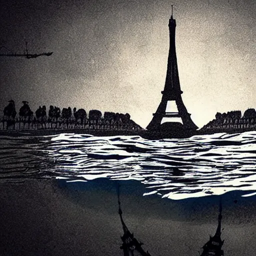 Prompt: eiffel tower under the ocean, dark water, detailed illustration, national geographic, submarine camera