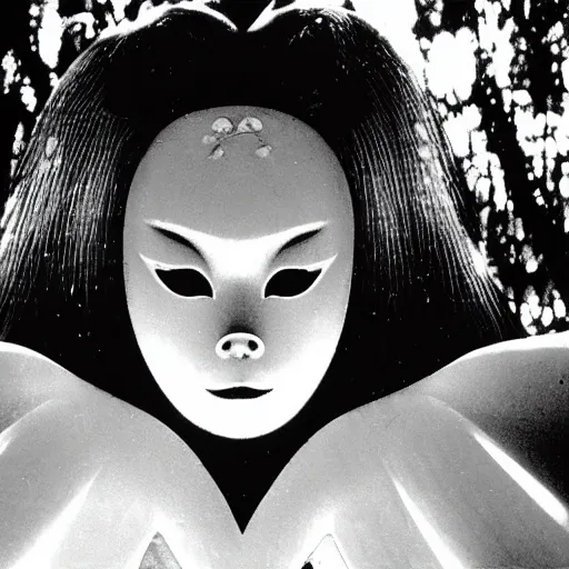 Prompt: a film still of an unsettling but beautiful female yokai haunting the depths of a Japanese forest, cinematography by sven nykvist