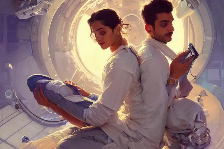 Image similar to Exhausted good looking pale young Indian doctors wearing jeans in a space station above Earth performing surgery, portrait, elegant, intricate, retrofuturistic digital painting, artstation, concept art, smooth, sharp focus, illustration, art by artgerm and greg rutkowski and alphonse mucha