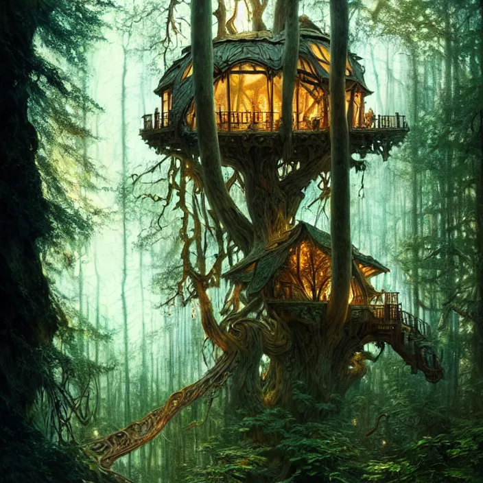 Prompt: cozy glass treehouse in ancient forest , dramatic lighting, fantasy, intricate, elegant, highly detailed, lifelike, photorealistic, digital painting, artstation, illustration, concept art, smooth, sharp focus, art by John Collier and Albert Aublet and Krenz Cushart and Artem Demura and Alphonse Mucha