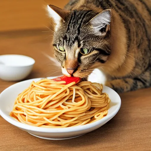 Image similar to cat eating spaghetti with a spoon