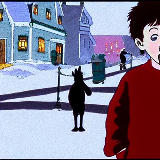 Prompt: still from home alone (1990), in studio ghibli style