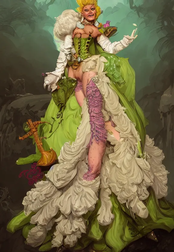 Prompt: d&d character artwork of a green-skinned brawny orc drag queen wearing a frilly rococo ballgown and wearing a huge rococo powdered wig, rococo fashion, D&D, fantasy art, highly detailed, digital painting, artstation, smooth, sharp focus, illustration, art by artgerm and greg rutkowski and alphonse mucha