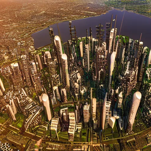 Image similar to futuristic sao paulo, hyperdetailed, 8 k, volumetric light, farms and rivers around the city, sunny day, solarpunk, artstation