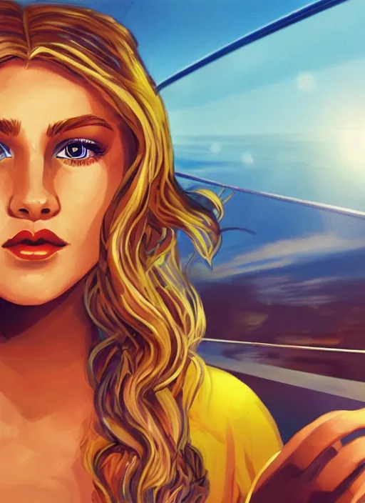 Image similar to young Plejaden woman with wavy blonde hair in a retro spaceship with large windows, detailed digital art, trending on Artstation