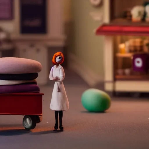 Image similar to a cinematic film still of a claymation stop motion film starring emma stone as shopkeeper, shallow depth of field, 8 0 mm, f 1. 8