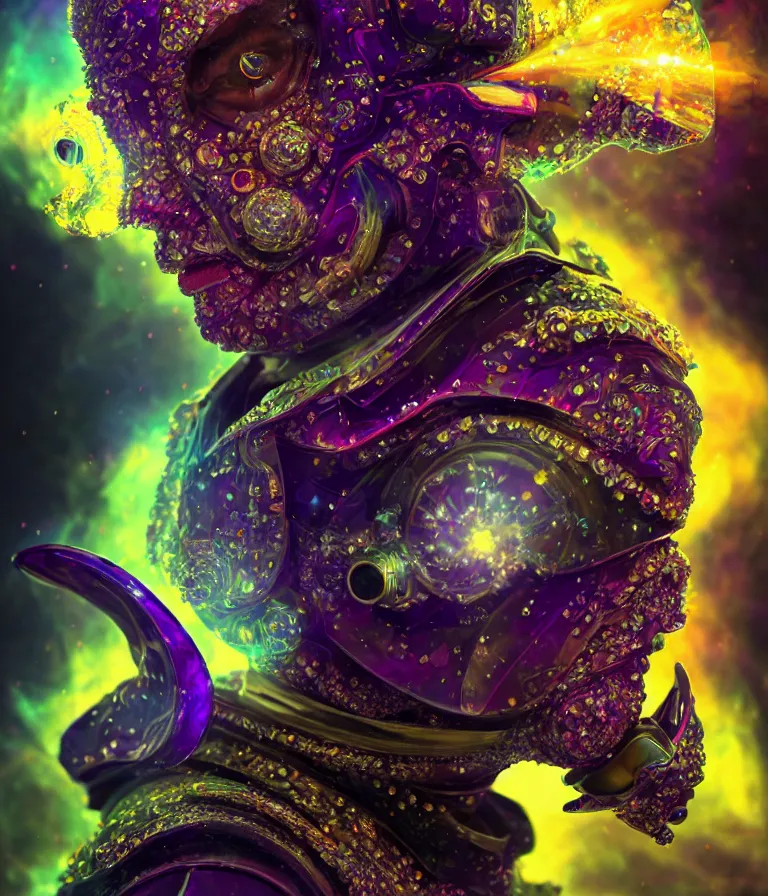 Prompt: impressive sublime front!! shot photo of a court jester character fine portrait fine portrait mesmerizing fractal hyper cubes platinum cracked dark future hyper dimensional space galactic crystal nebula edges elegant detailed intricate concept artstation sharp focus ray tracing cinematic masterpiece temporal corruption beeple wlop germ 8 4 k scifi glossy hyper realistic illustration canon eos r 3 fujifilm x - t 3 0 sony alpha a 6 6 0 0