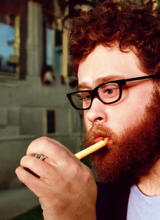 Prompt: photorealistic photograph of seth rogan smoking a joint, 3 5 mm film, fuji, leica s, nyc, in the style of fashion photography, intricate, golden hour sunlight, kodachrome