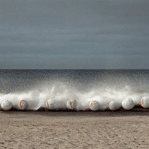 Image similar to tidal wave made only of baseballs, by Takumi Park