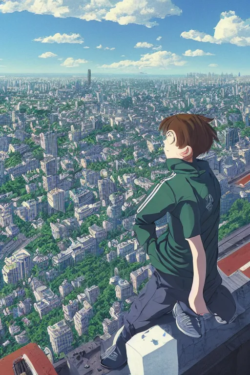 Image similar to sad gopnik boy in black adidas sportswear squating фand looking atop of a urban plateau filled with soviet residential buildings, summer, dreamy, beautiful clouds, birds in the sky, ultra detailed, beautiful lighting, wallpaper, cityscape, beautiful artwork by makoto shinkai