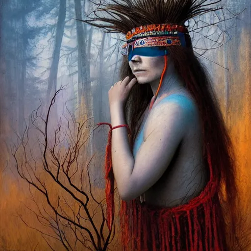 Image similar to A young blindfolded shaman woman with a decorated headband from which blood flows, in the style of heilung, blue hair and wood on her head. The background is a forest on fire, made by Esao Andrews and Karol Bak and Zdzislaw Beksinski,