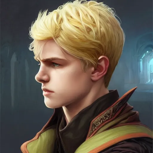 Image similar to an epic fantasy comic book style portrait painting of a young over confident blonde boy wearing plain thief clothes, d & d, fantasy, intricate, elegant, highly detailed, digital painting, artstation, concept art, matte, sharp focus, illustration, art by artgerm and greg rutkowski and alphonse mucha