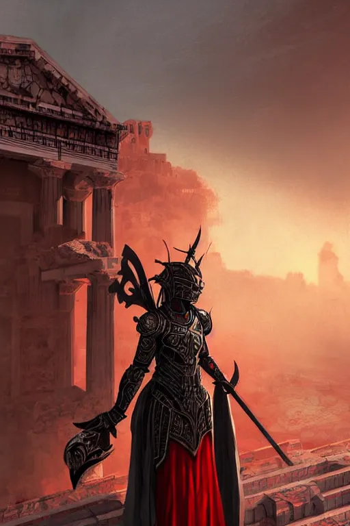 Image similar to portrait knights of Zodiac girl, metallic black and red color reflected armor, in ruin Agora of Athens sunrise, ssci-fi, fantasy, intricate, natural atmosphere, elegant, golden light, highly detailed, digital painting, concept art, smooth, sharp focus, illustration, art by N I X E U and tian zi and WLOP and loish and greg rutkowski