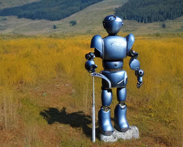 Prompt: ancient greek robot warrior standing in front of altai forest with a sword, detailed art in the style of middle ages