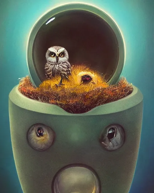 Image similar to long shot of a very cute owl chick nesting in a very futuristic cup, esao andrews, humorous illustration, hyperrealistic, big depth of field, warm colors, night scenery, low light, 3 d octane render, 4 k, conceptart, hyperdetailed, hyperrealistic, trending on artstation