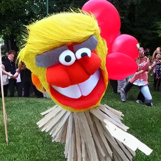 Prompt: Donald Trump as a muppet Pinata being beaten with a stick