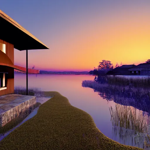 Prompt: a serene landscape with a singular house near a river at sunset, anime style, low saturation, calm, high quality