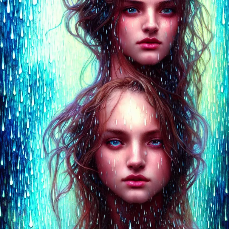 Image similar to bright asthetic portrait LSD glowing backlit rain on face and wet hair, fantasy, intricate, elegant, dramatic lighting, highly detailed, lifelike, photorealistic, digital painting, artstation, illustration, concept art, smooth, sharp focus, art by John Collier and Albert Aublet and Krenz Cushart and Artem Demura and Alphonse Mucha