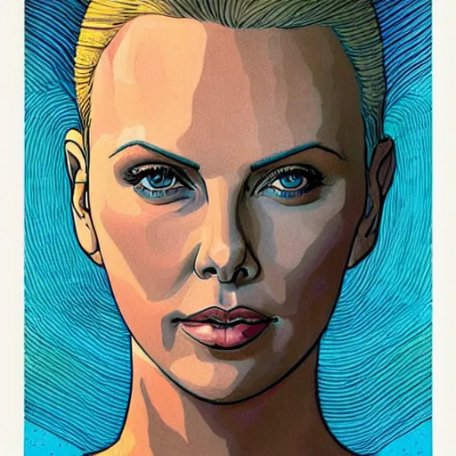 Image similar to “ charlize theron retro minimalist portrait, moebius, by jean giraud, 8 k ”